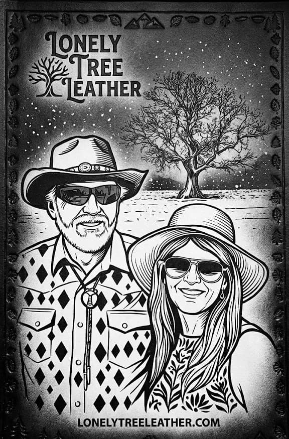 Lonely Tree Leather — tooled leather panel showing the makers and the lonely tree